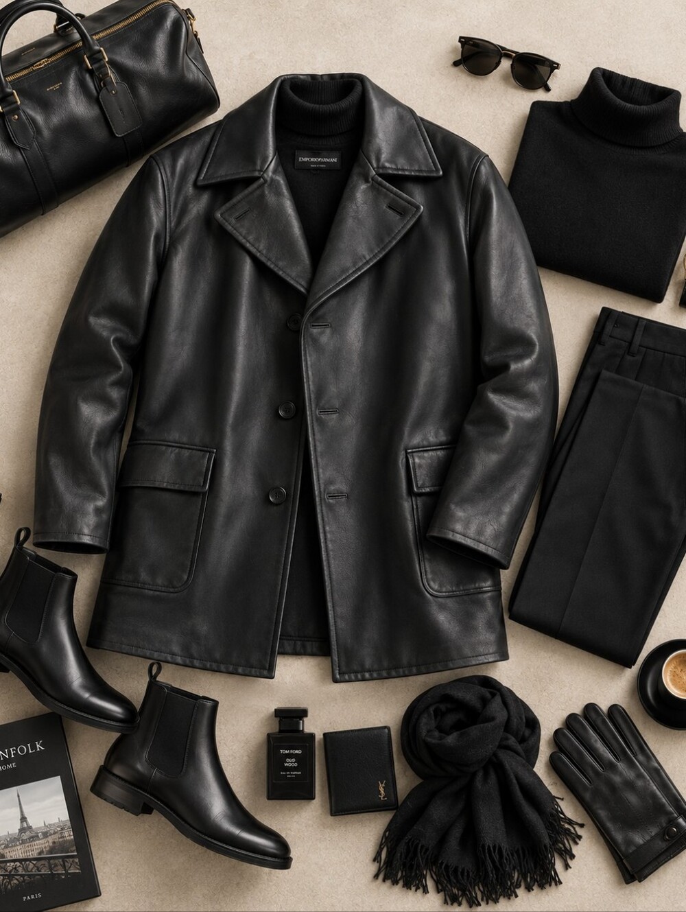 VTG Emporio Armani Lambskin Leather Black Car Coat